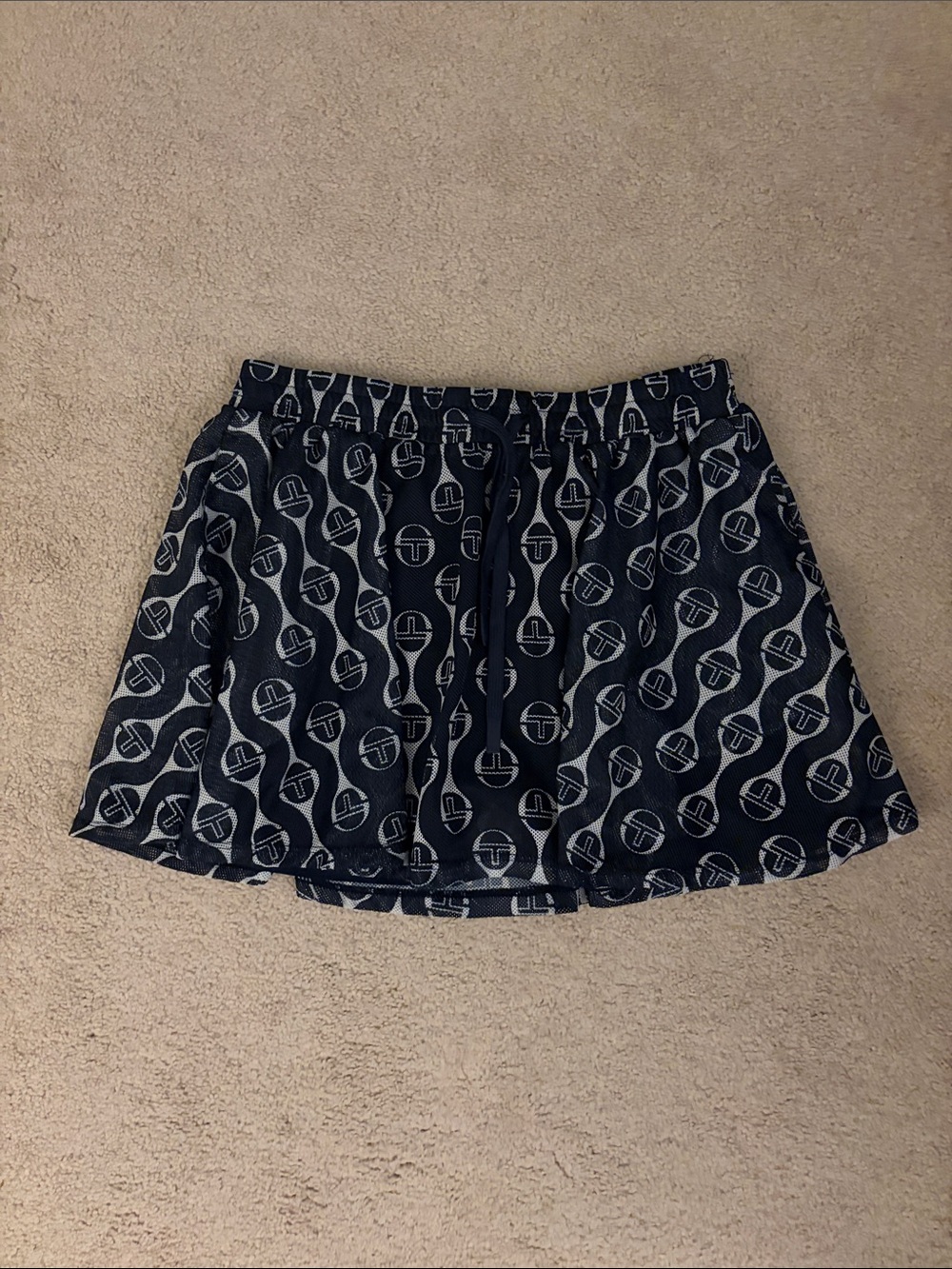 Sergio Tacchini Navy and White Logo-Print Skater Skirt